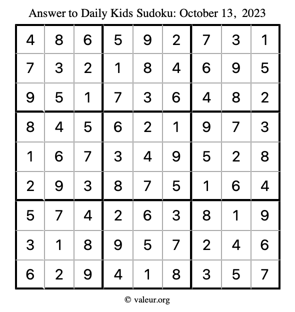 Answer to kids sudoku October 13, 2023