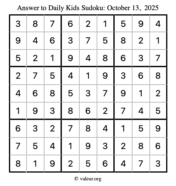 Answer to kids sudoku October 13, 2025