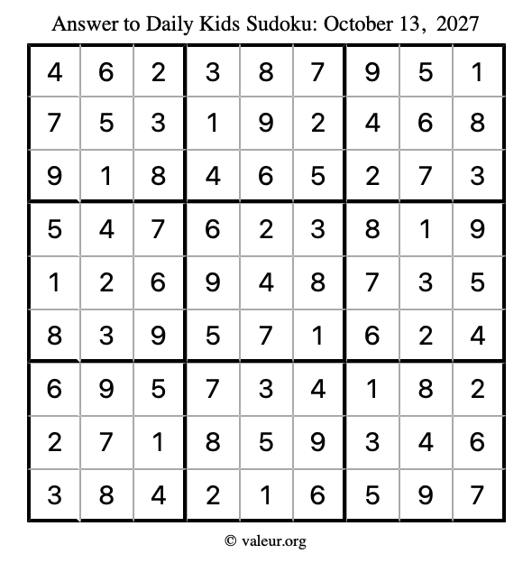 Answer to kids sudoku October 13, 2027