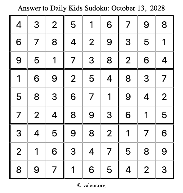 Answer to kids sudoku October 13, 2028