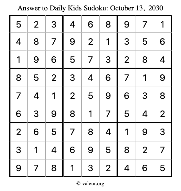 Answer to kids sudoku October 13, 2030