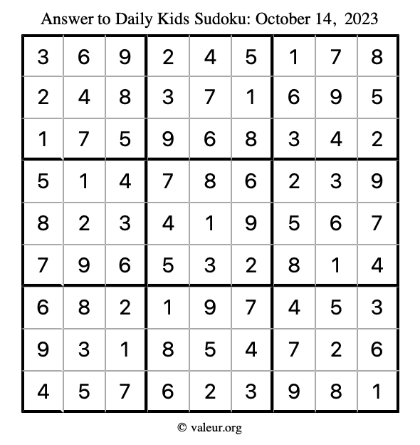 Answer to kids sudoku October 14, 2023