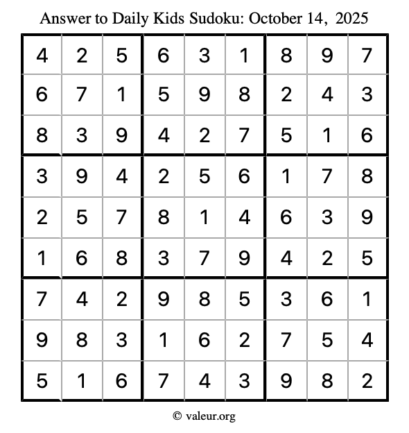 Answer to kids sudoku October 14, 2025