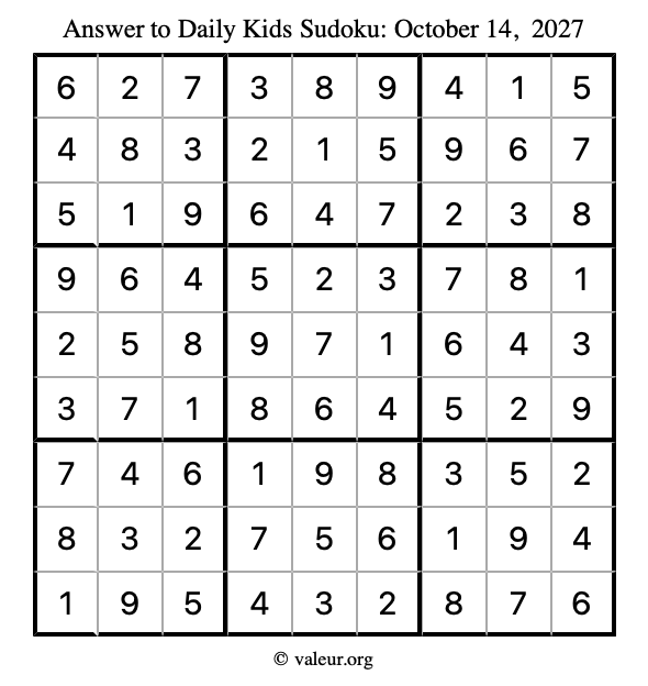 Answer to kids sudoku October 14, 2027