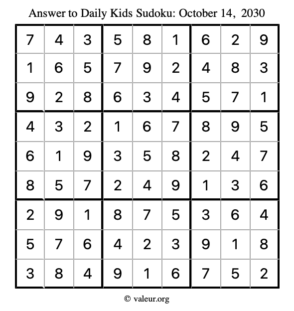 Answer to kids sudoku October 14, 2030