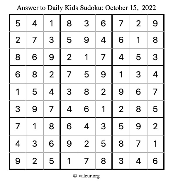 Answer to kids sudoku October 15, 2022