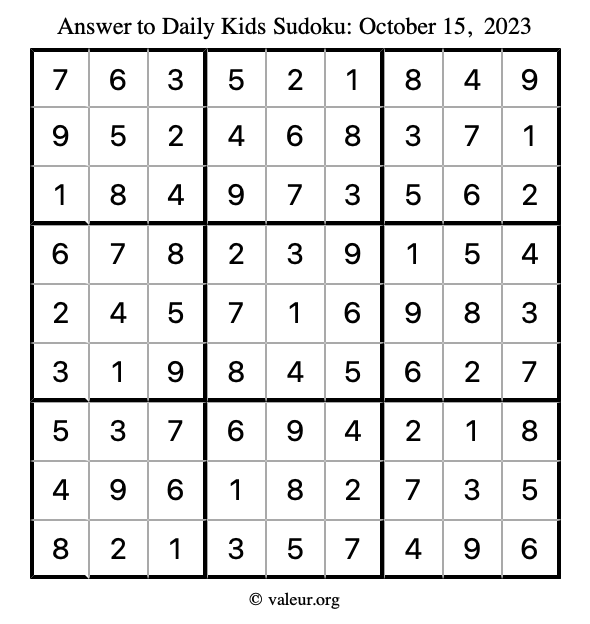 Answer to kids sudoku October 15, 2023