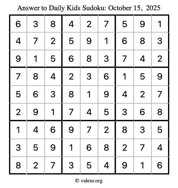 Answer to kids sudoku October 15, 2025