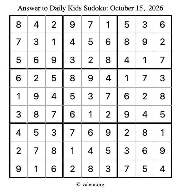 Answer to kids sudoku October 15, 2026