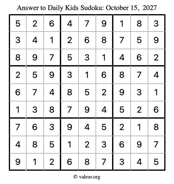 Answer to kids sudoku October 15, 2027