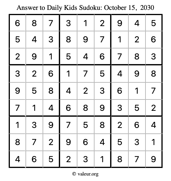 Answer to kids sudoku October 15, 2030