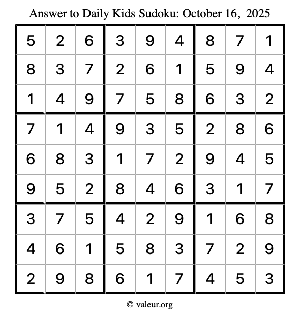 Answer to kids sudoku October 16, 2025