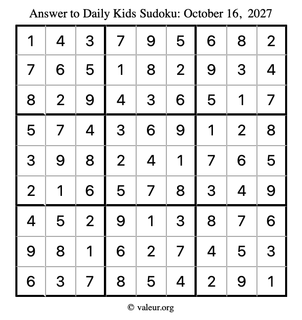 Answer to kids sudoku October 16, 2027