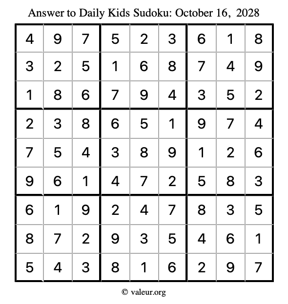 Answer to kids sudoku October 16, 2028
