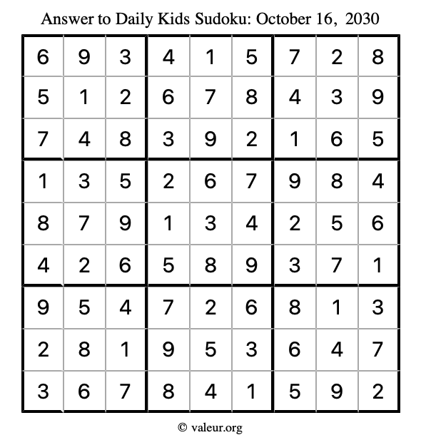 Answer to kids sudoku October 16, 2030