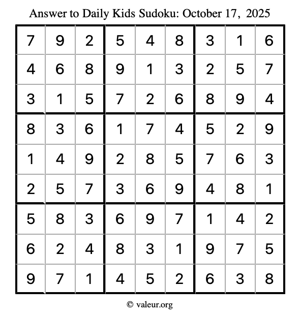 Answer to kids sudoku October 17, 2025