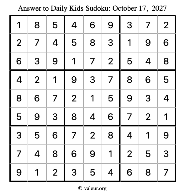 Answer to kids sudoku October 17, 2027