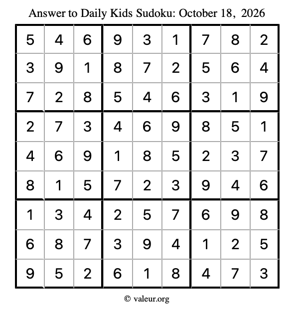 Answer to kids sudoku October 18, 2026