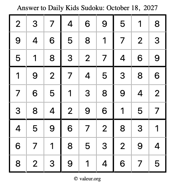 Answer to kids sudoku October 18, 2027