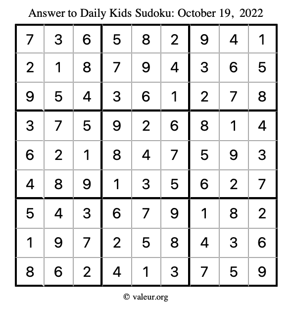Answer to kids sudoku October 19, 2022