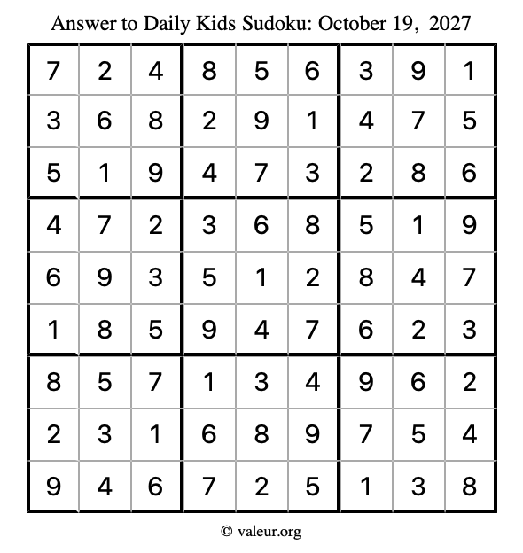 Answer to kids sudoku October 19, 2027