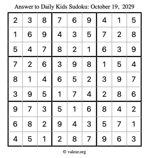 Answer to kids sudoku October 19, 2029