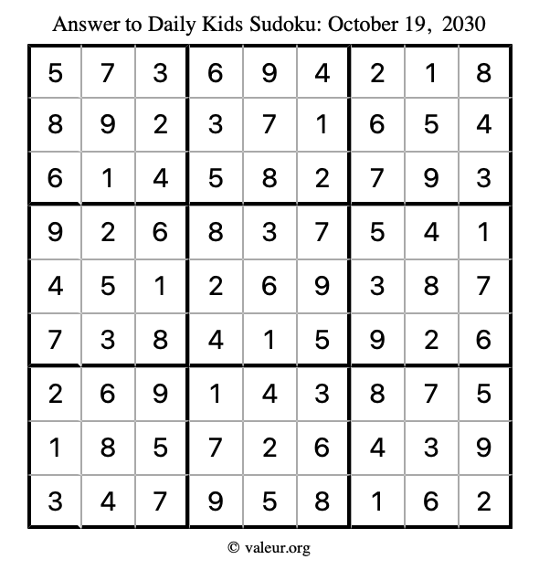 Answer to kids sudoku October 19, 2030