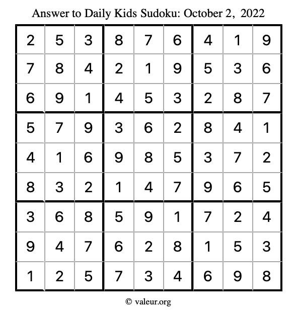 Answer to kids sudoku October 2, 2022