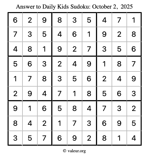Answer to kids sudoku October 2, 2025