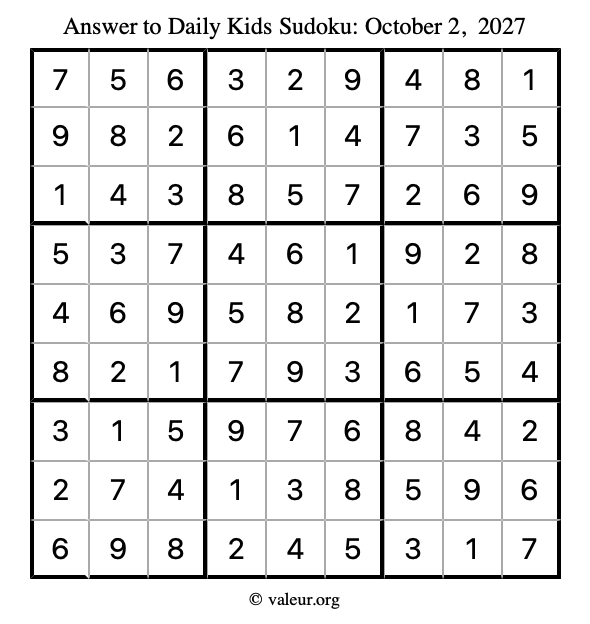 Answer to kids sudoku October 2, 2027