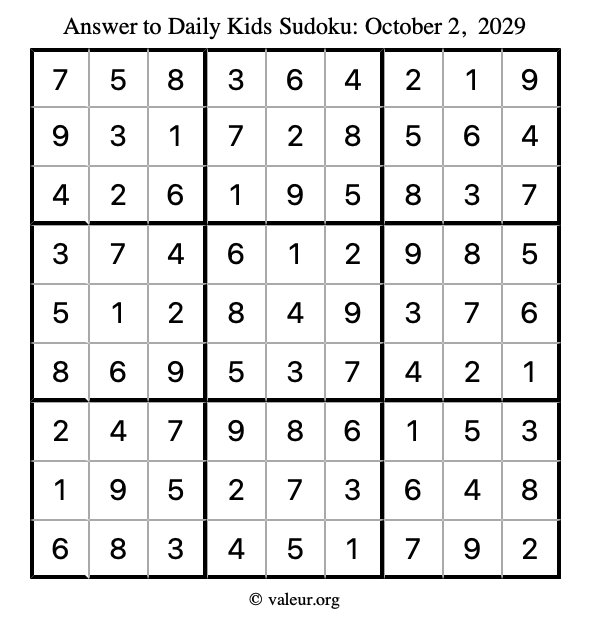 Answer to kids sudoku October 2, 2029