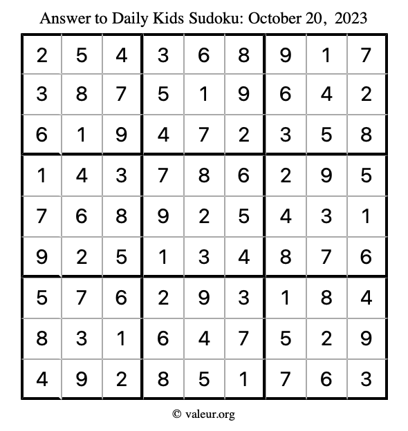 Answer to kids sudoku October 20, 2023