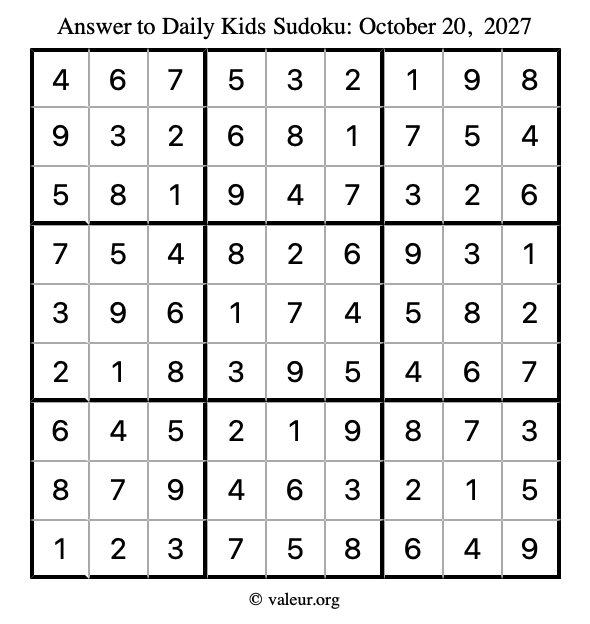 Answer to kids sudoku October 20, 2027