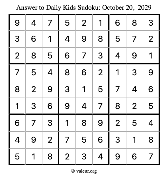 Answer to kids sudoku October 20, 2029