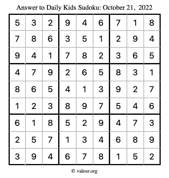 Answer to kids sudoku October 21, 2022