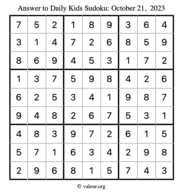 Answer to kids sudoku October 21, 2023