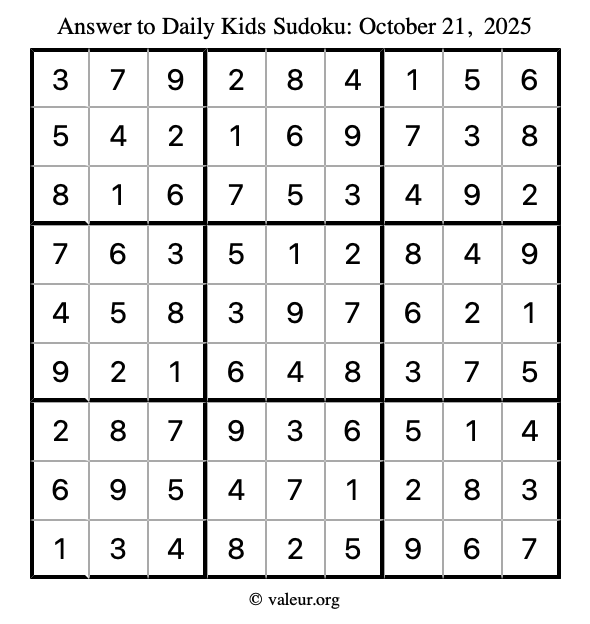 Answer to kids sudoku October 21, 2025