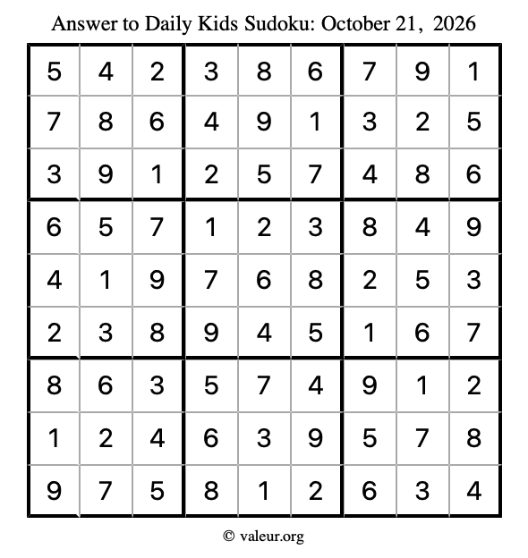 Answer to kids sudoku October 21, 2026