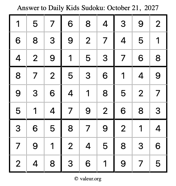 Answer to kids sudoku October 21, 2027