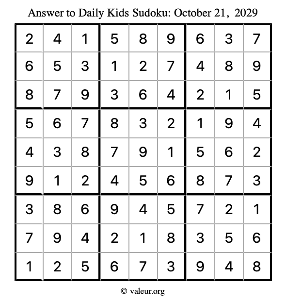 Answer to kids sudoku October 21, 2029