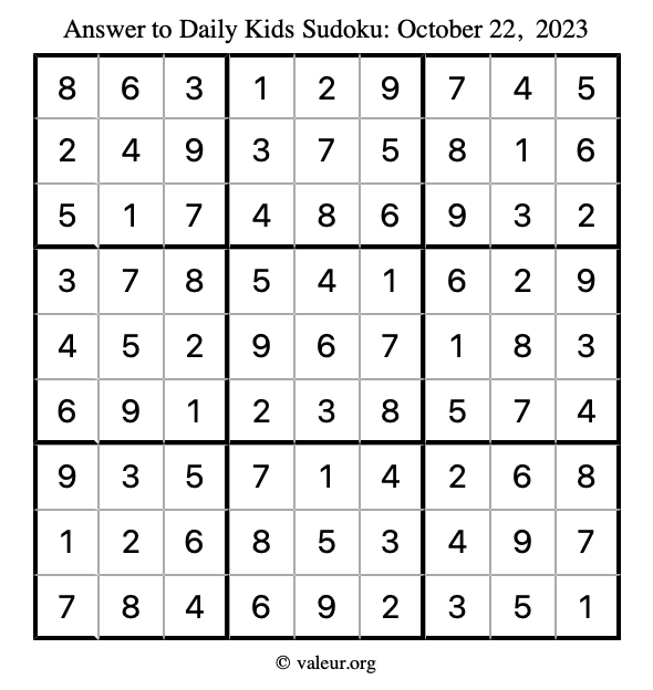 Answer to kids sudoku October 22, 2023