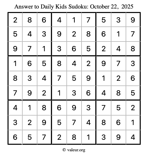 Answer to kids sudoku October 22, 2025