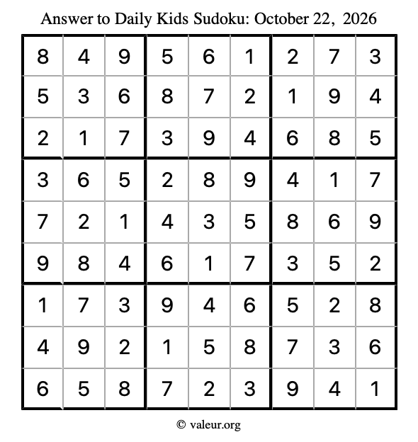 Answer to kids sudoku October 22, 2026