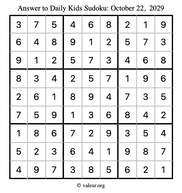 Answer to kids sudoku October 22, 2029
