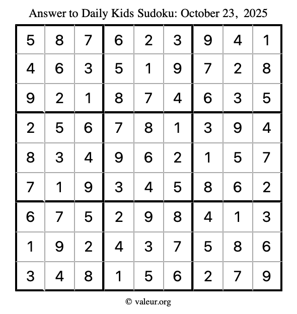 Answer to kids sudoku October 23, 2025