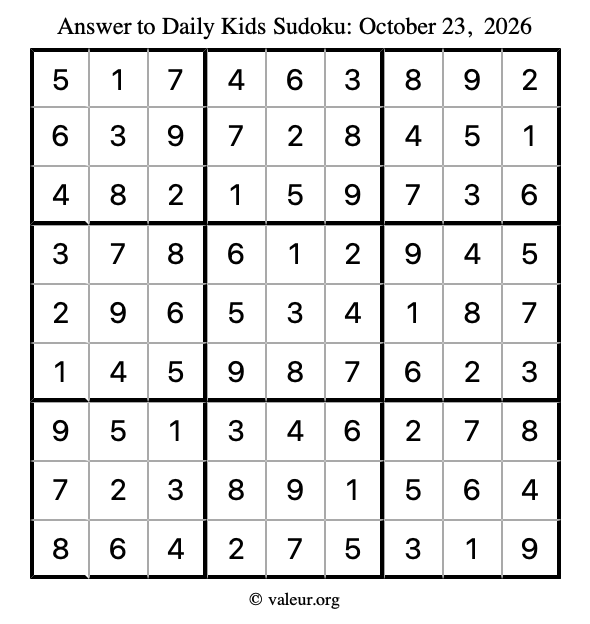 Answer to kids sudoku October 23, 2026