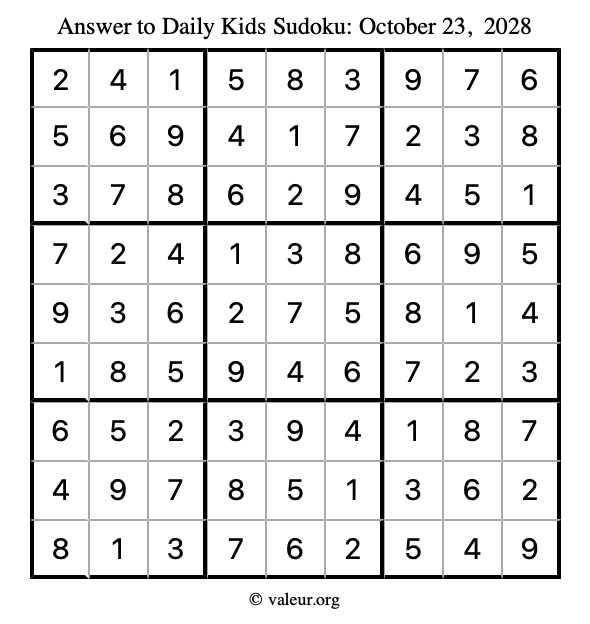 Answer to kids sudoku October 23, 2028