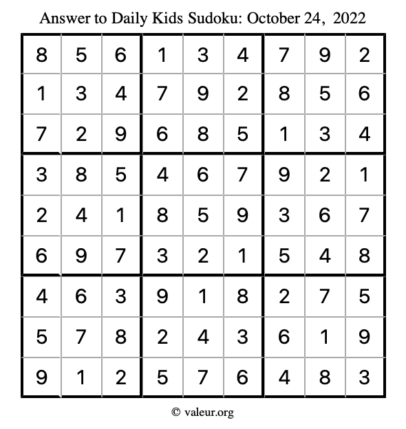 Answer to kids sudoku October 24, 2022