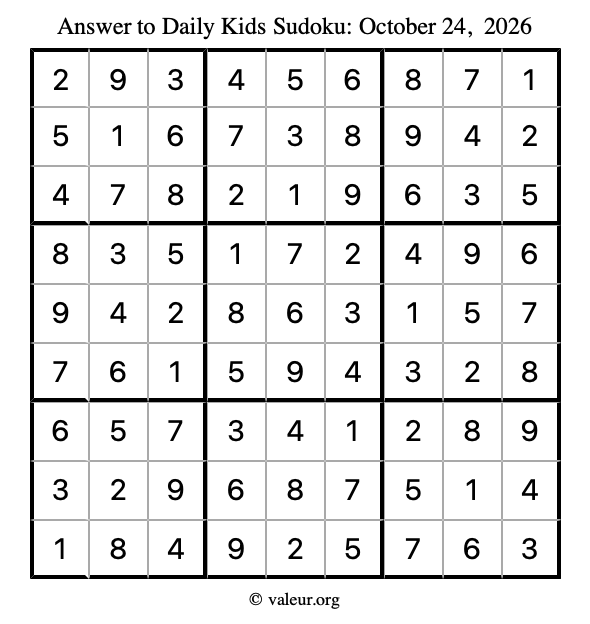 Answer to kids sudoku October 24, 2026