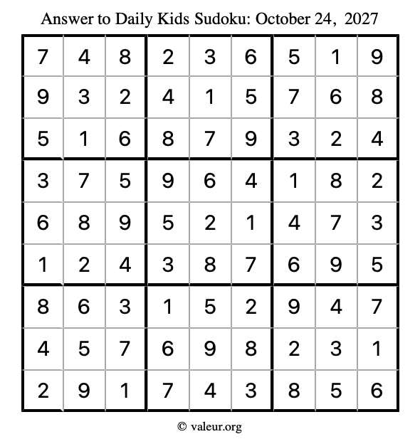 Answer to kids sudoku October 24, 2027